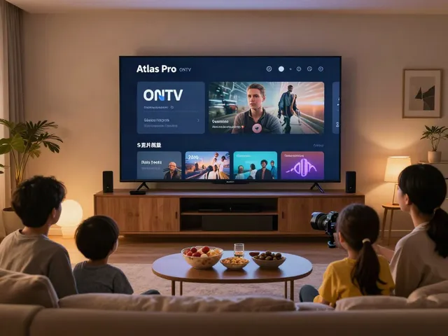 Installation du service Atlas Pro ONTV avec une famille profitant d'une soirée cinéma à domicile.