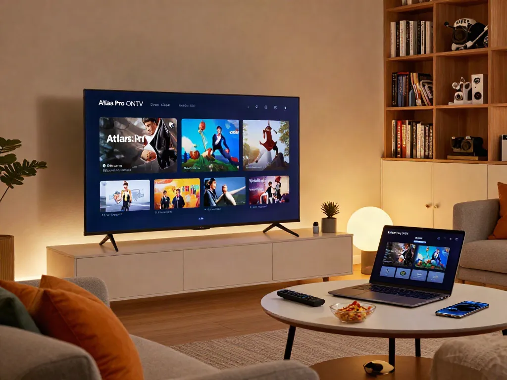 Vue moderne du service atlas pro pour IPTV sur un grand téléviseur avec un salon accueillant.