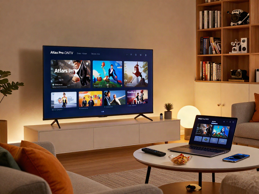 Vue moderne du service atlas pro pour IPTV sur un grand téléviseur avec un salon accueillant.