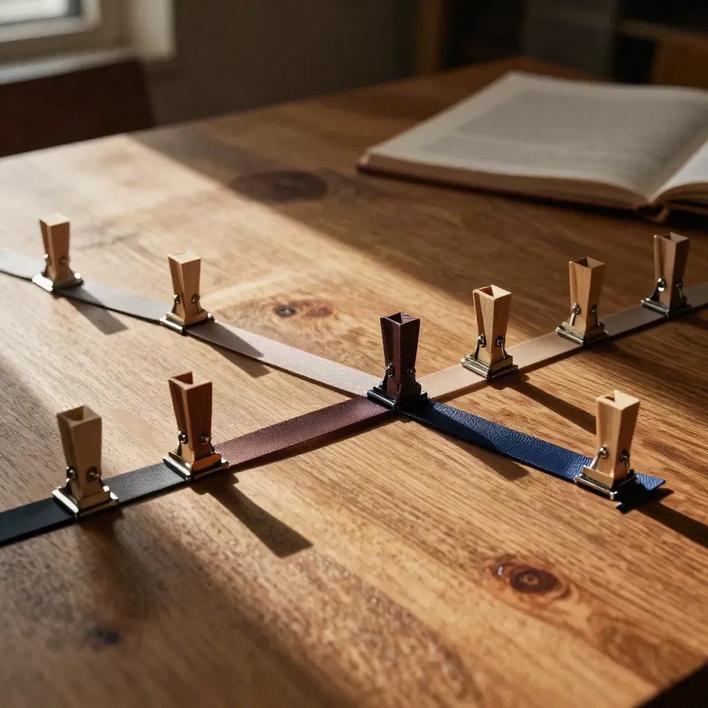 Vue plongeante douce d’un réseau de jalons en bois et pinces métal sur table en chêne.