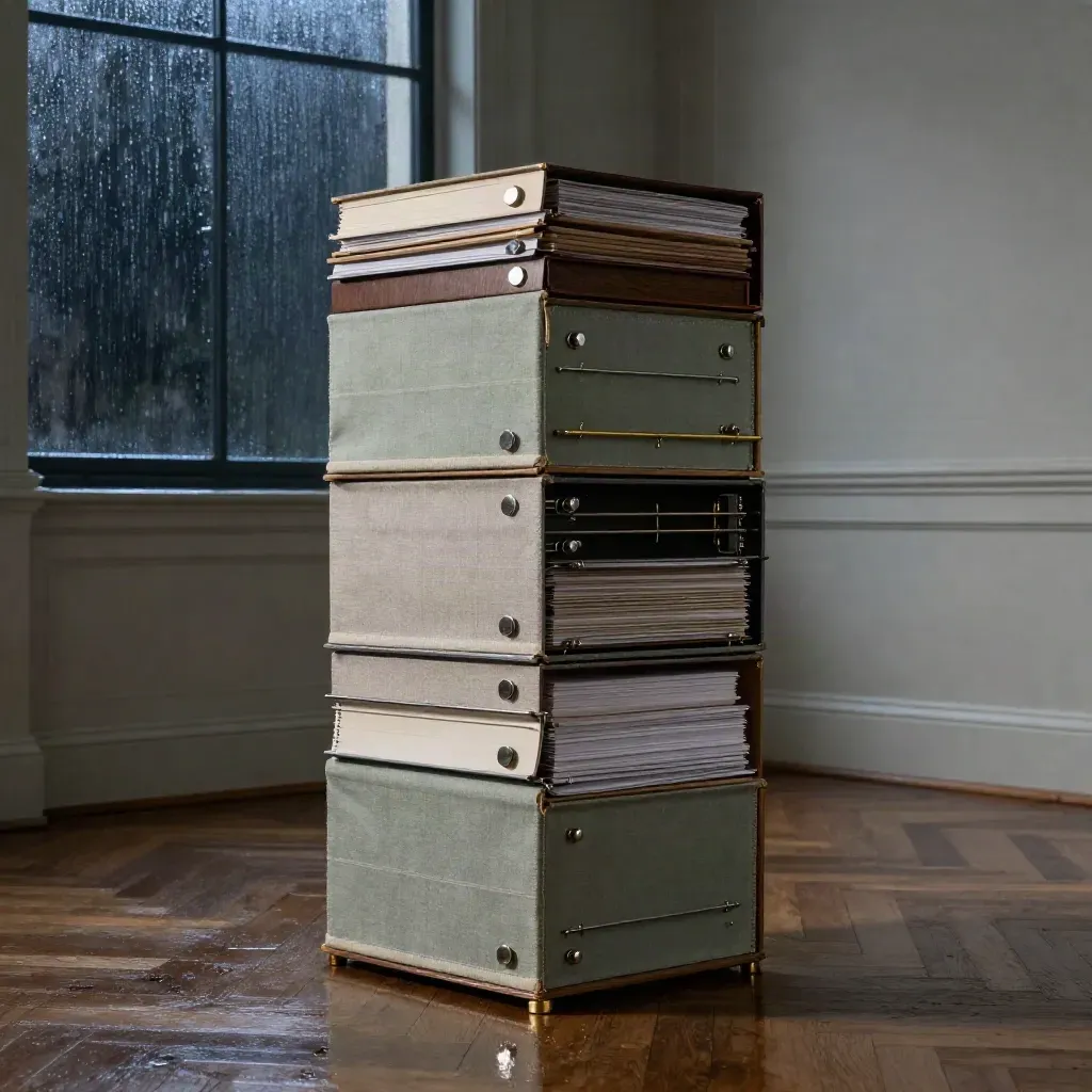 Totem de pilotage en classeurs et boîtes d’archives dans un bureau haussmannien sous la pluie.