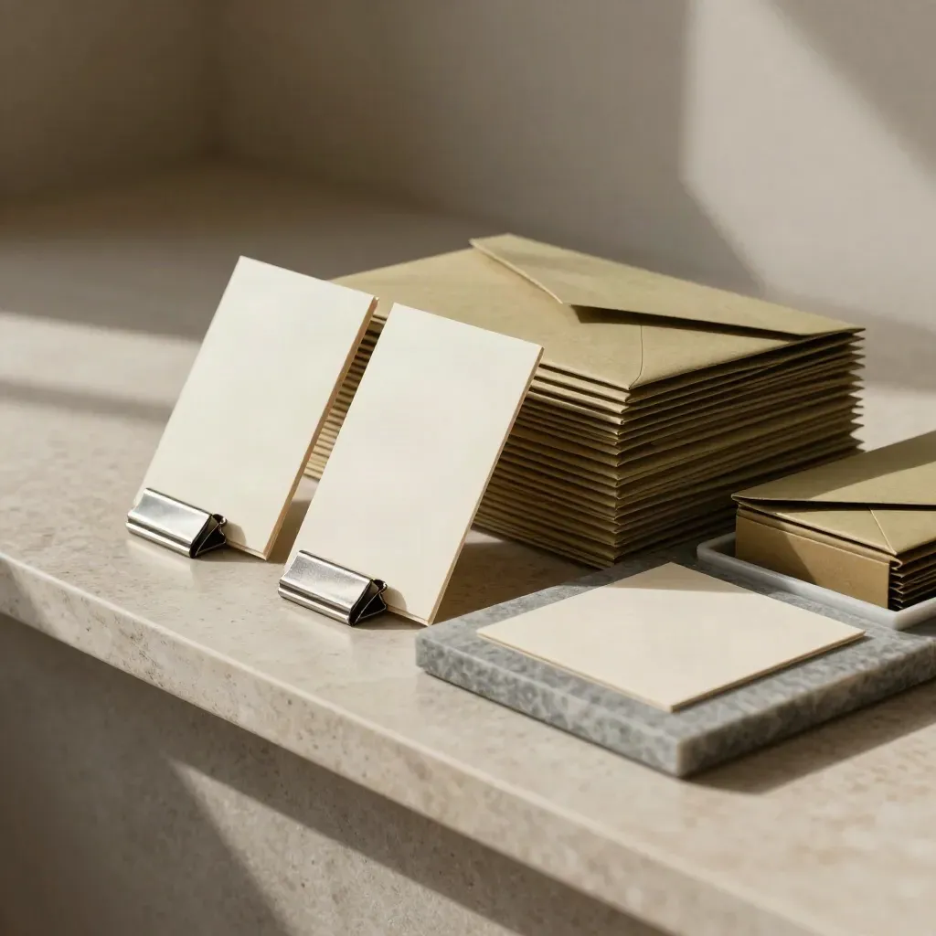 Cartes vierges, clips et enveloppes fermées sur une tablette de pierre, lumière dorée rasante.