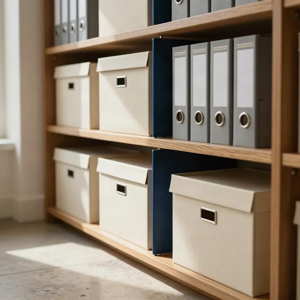 Niche d’archives administratives avec boîtes neutres, dossiers fermés et lumière chaude.