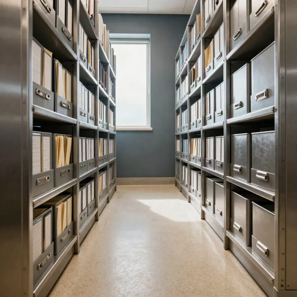 Couloir d’archive d’un cabinet médical, armoires inox et dossiers rangés avec bacs impeccables.