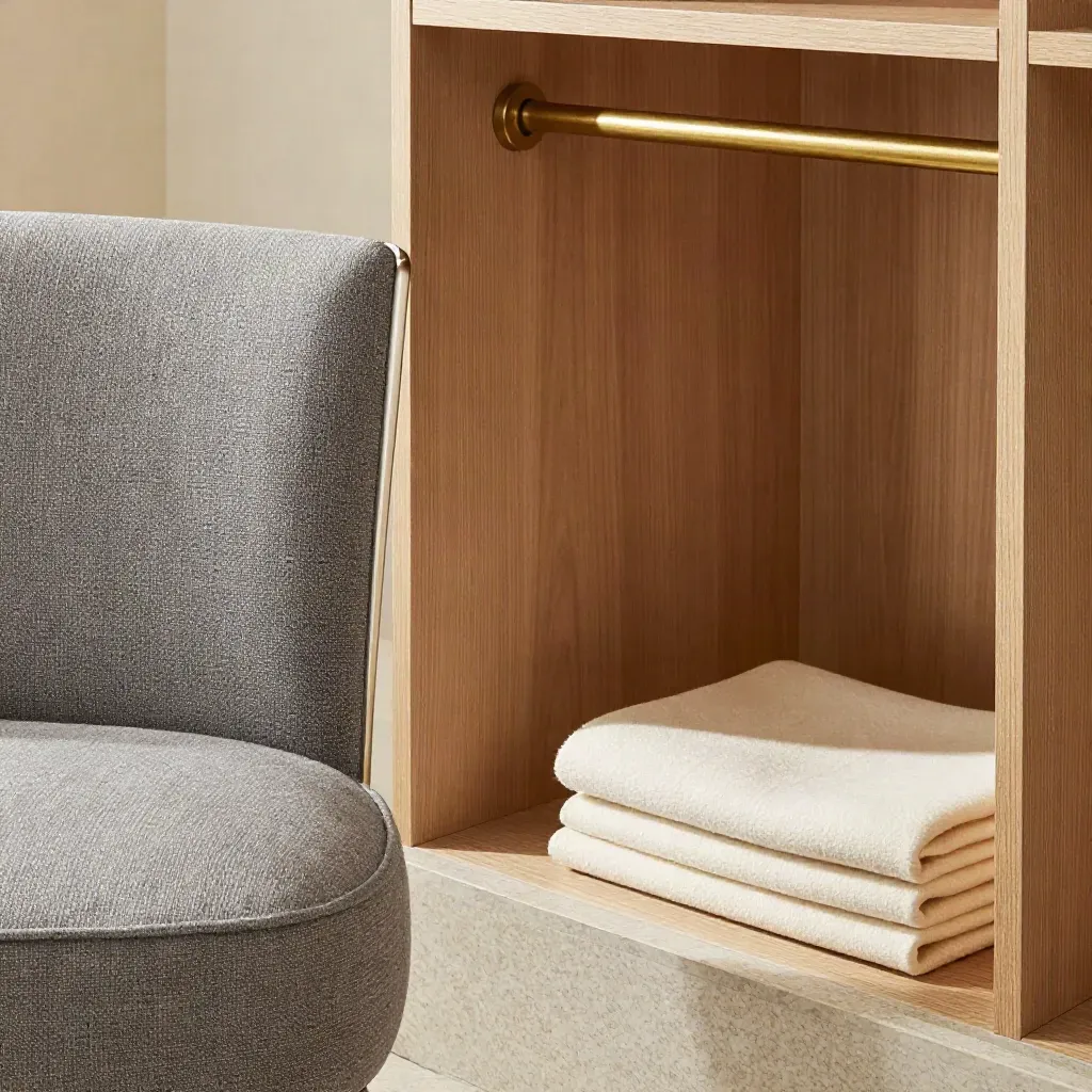 Détail macro d’un coin d’onboarding prêt, chaise lin gris et coffret neutre dans une alcôve bureau.