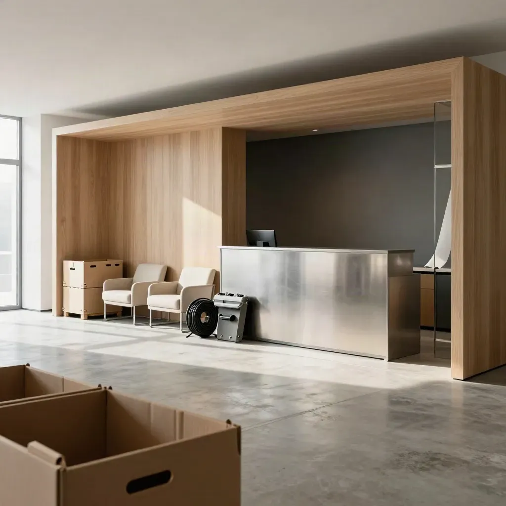 Lobby d’entreprise prêt à ouvrir, mobilier installé, caisses vides et poussière de soleil.