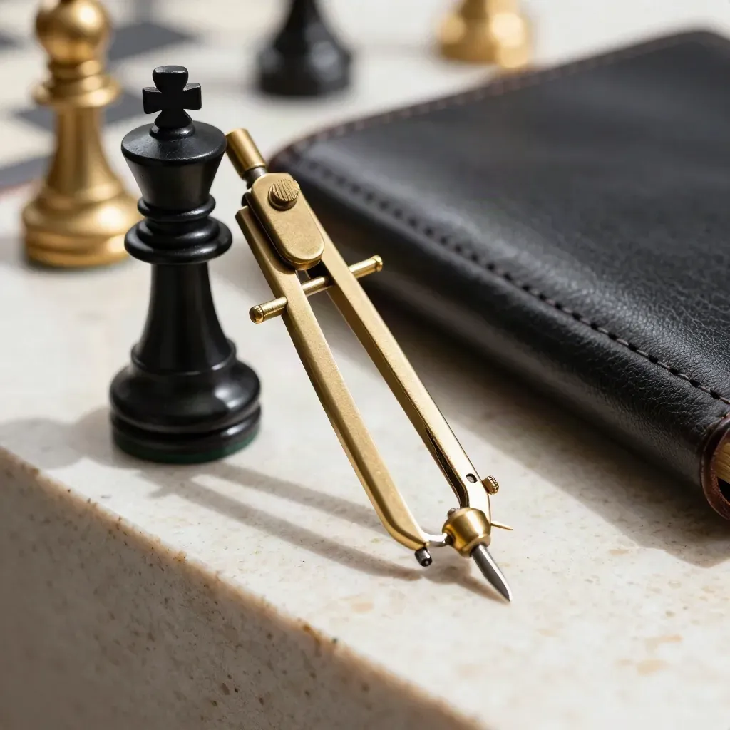 Compas en laiton, roi d’échecs noir et carnet de cuir sur travertin, lumière dorée.