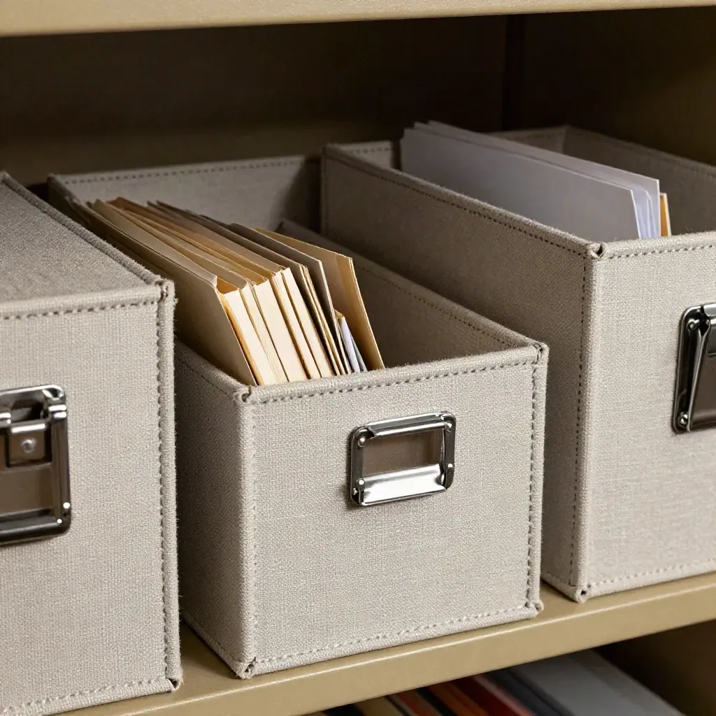 Boîtes d’archive en toile, pinces acier et trieurs neutres sur une étagère, en gros plan.