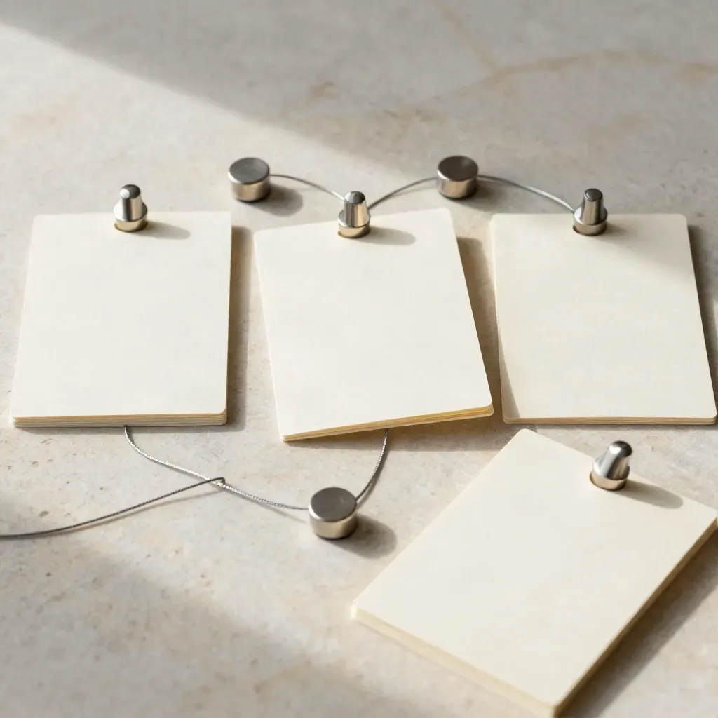 Flatlay de cartes à onglets, pions argentés et cordelette sur pierre claire.