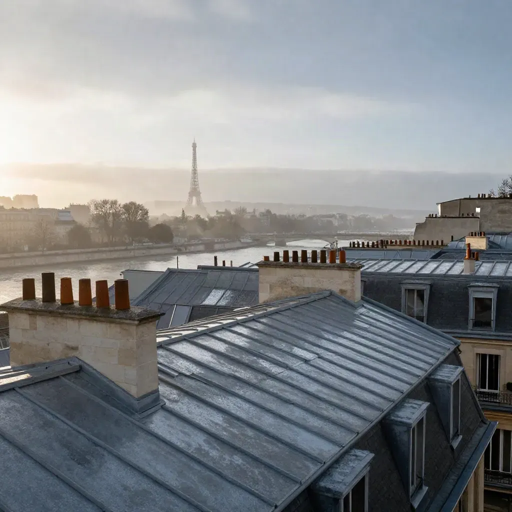 Toits de zinc parisiens, Seine et tour Eiffel lointaine dans la brume de l’aube.