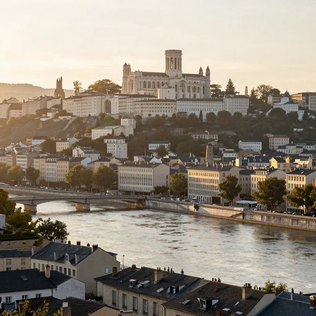 Lyon au soleil couchant, Fourvière domine la Saône dans une brume dorée.