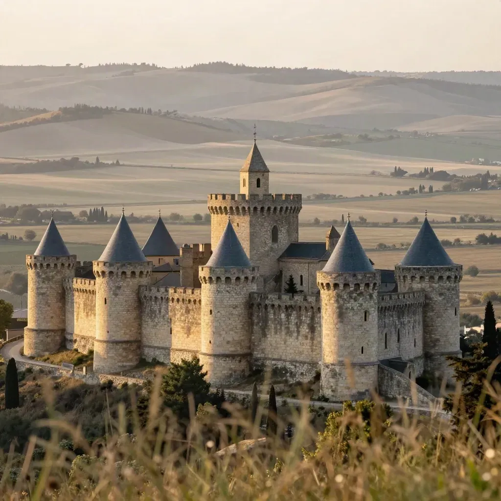 La cité de Carcassonne au-dessus de la plaine occitane dans une lumière chaude et brumeuse.