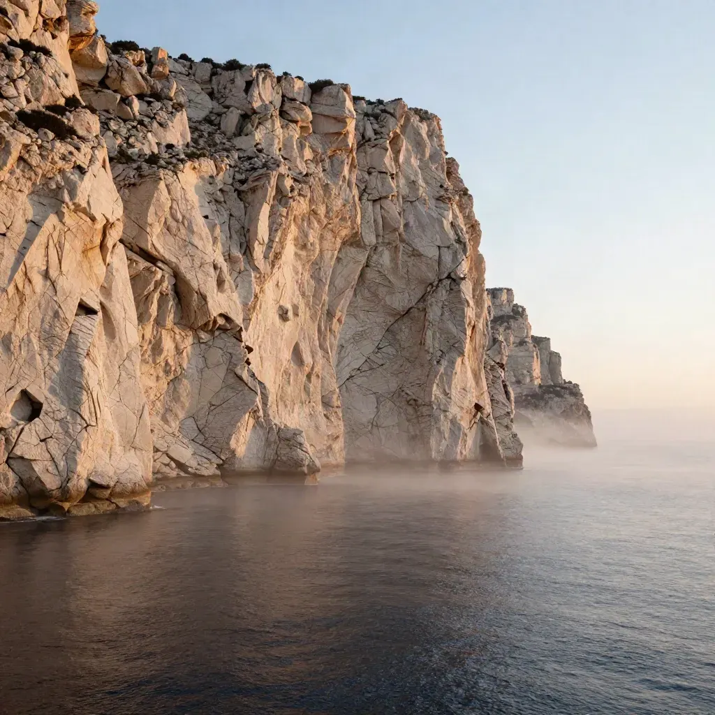 Falaises claires de Marseille au matin, mer lisse et brume salée sous lumière dorée.